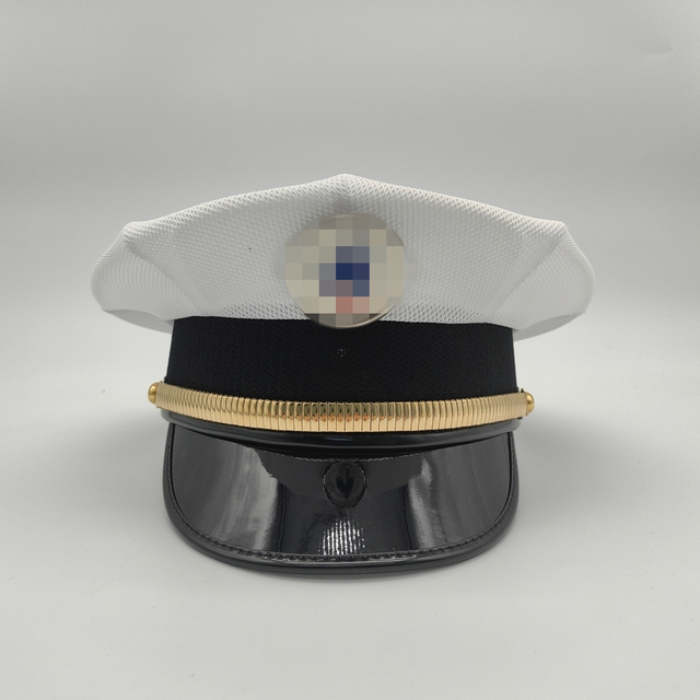 Gorro de uniforme de seguridad de conserje de propiedad de alta gama Gorra de visera transpirable de malla blanca con banda dorada